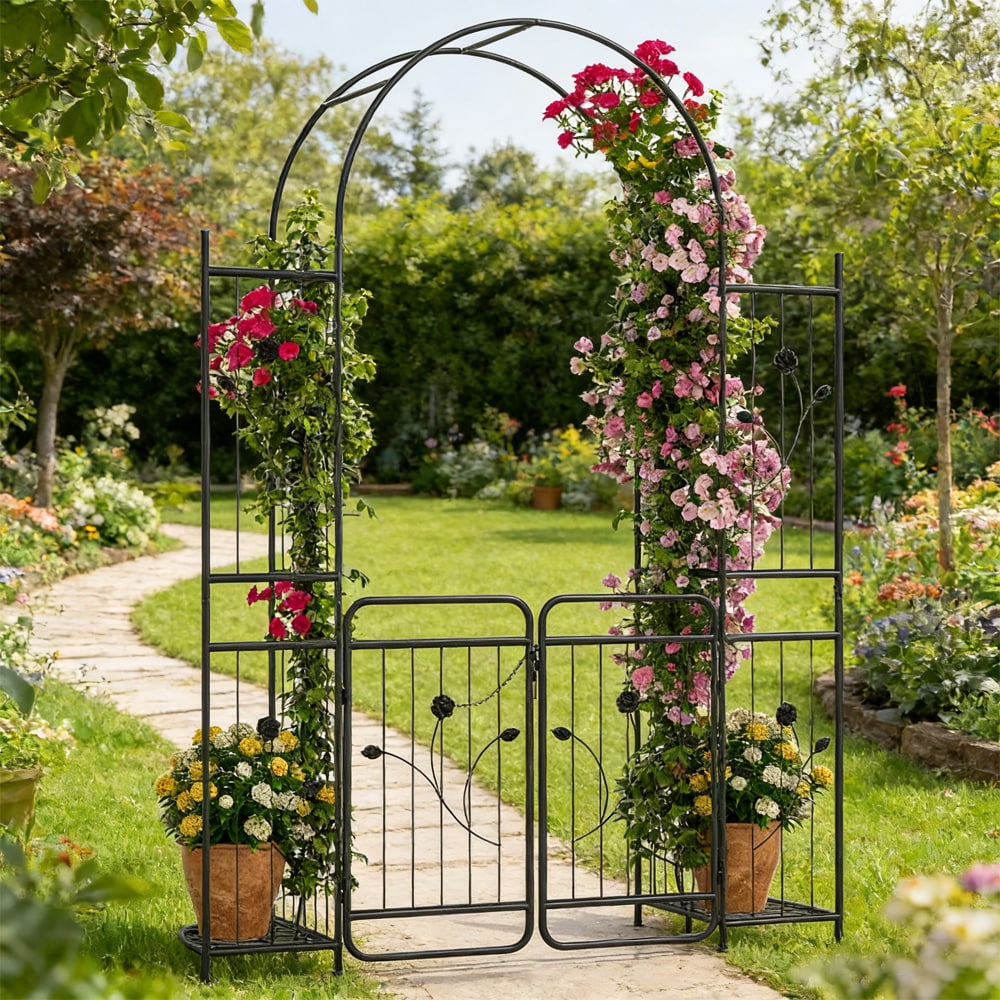 87 Inch Tall Garden Arch With Gate Planter Shelves Climbing Trellises With 2 Side Shelves For Wedding Arch, Yard Entrance, Garden Climbing Pergola, Etc_voghion.com